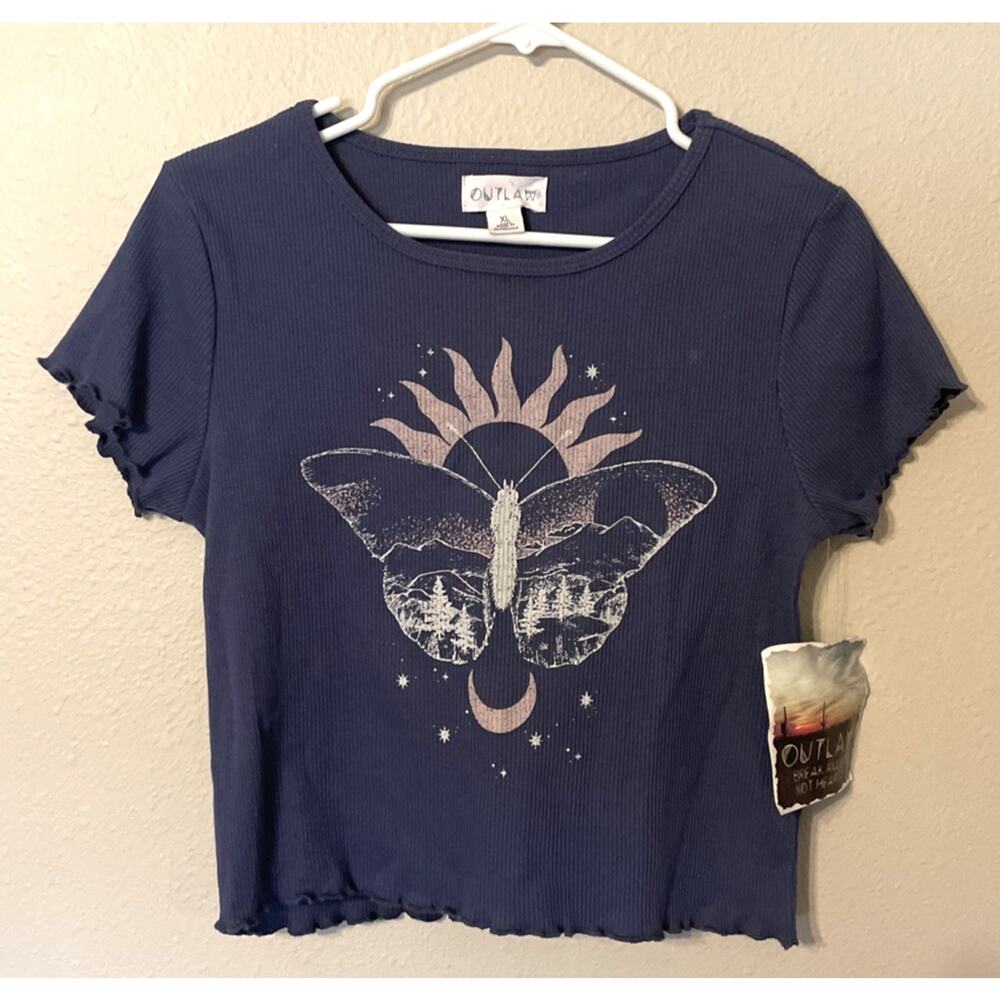 NWT Outlaw Brand Women's Juniors T-Shirt Blue Pink Butterfly Cropped Size XL